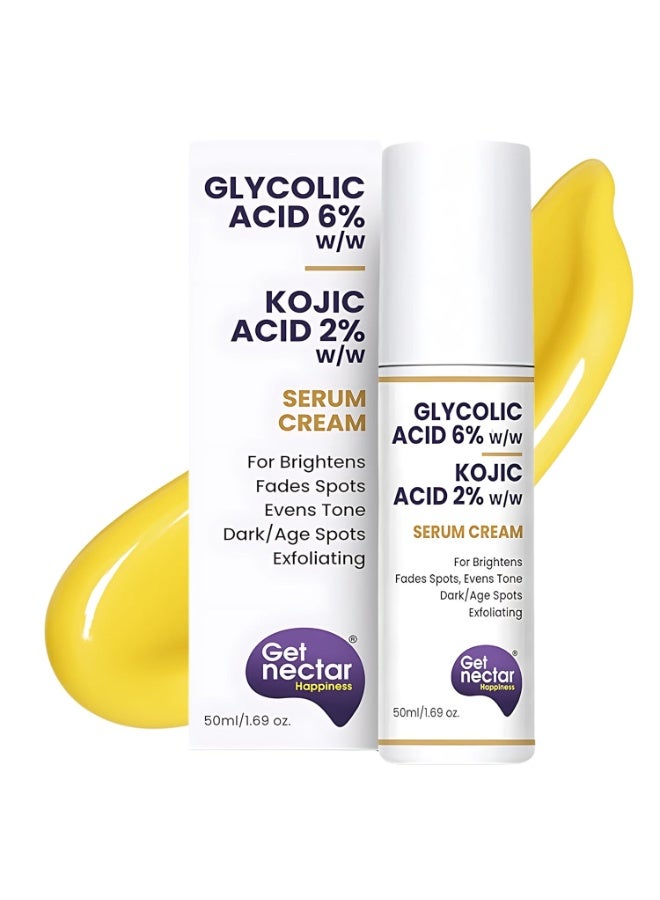 Get Nectar Happiness كريم سيروم يحتوي على 6% حمض الجليكوليك و2% حمض الكوجيك، يساعد على تقليل التصبغات، ندبات حب الشباب، البقع الداكنة، بقع الشيخوخة، الشوائب وتوحيد لون البشرة. يمنح بشرة أكثر إشراقًا ونعومة. 50 مل. - Image 1